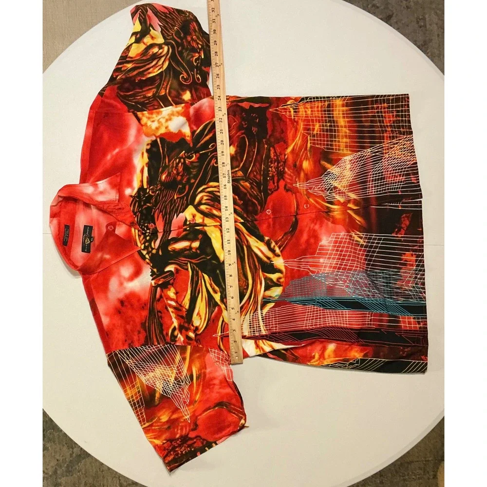 VTG Y2K Warrior Flames Cityscape AOP Cyber Tech Mens XL Button‎ Down Shirt XL